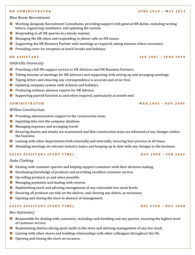 HR Consultant CV template - page two