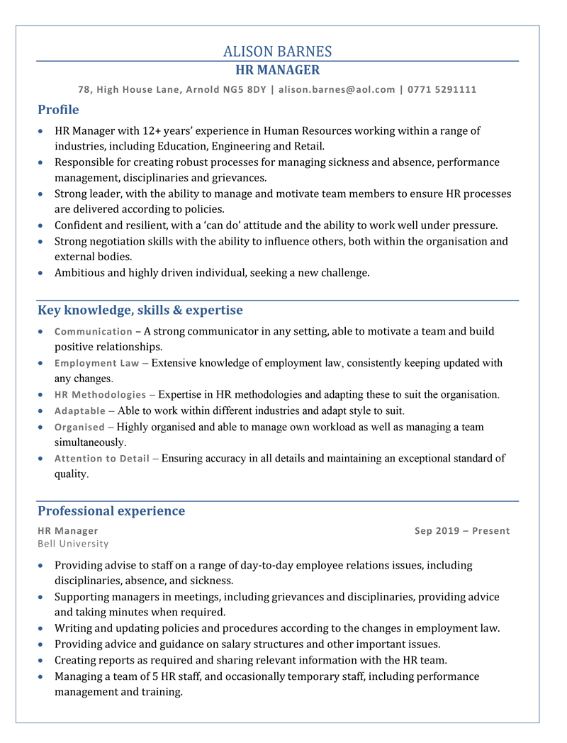HR Manager CV template - page one