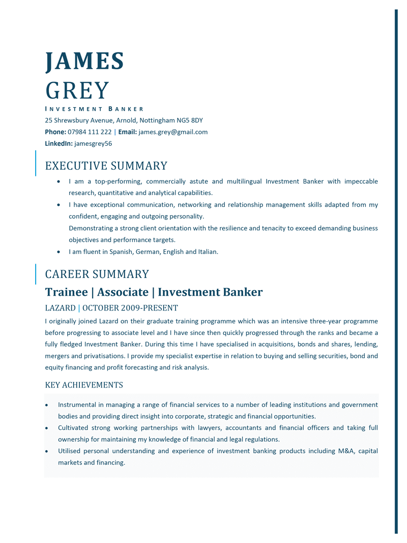 Investment banker CV template - page one