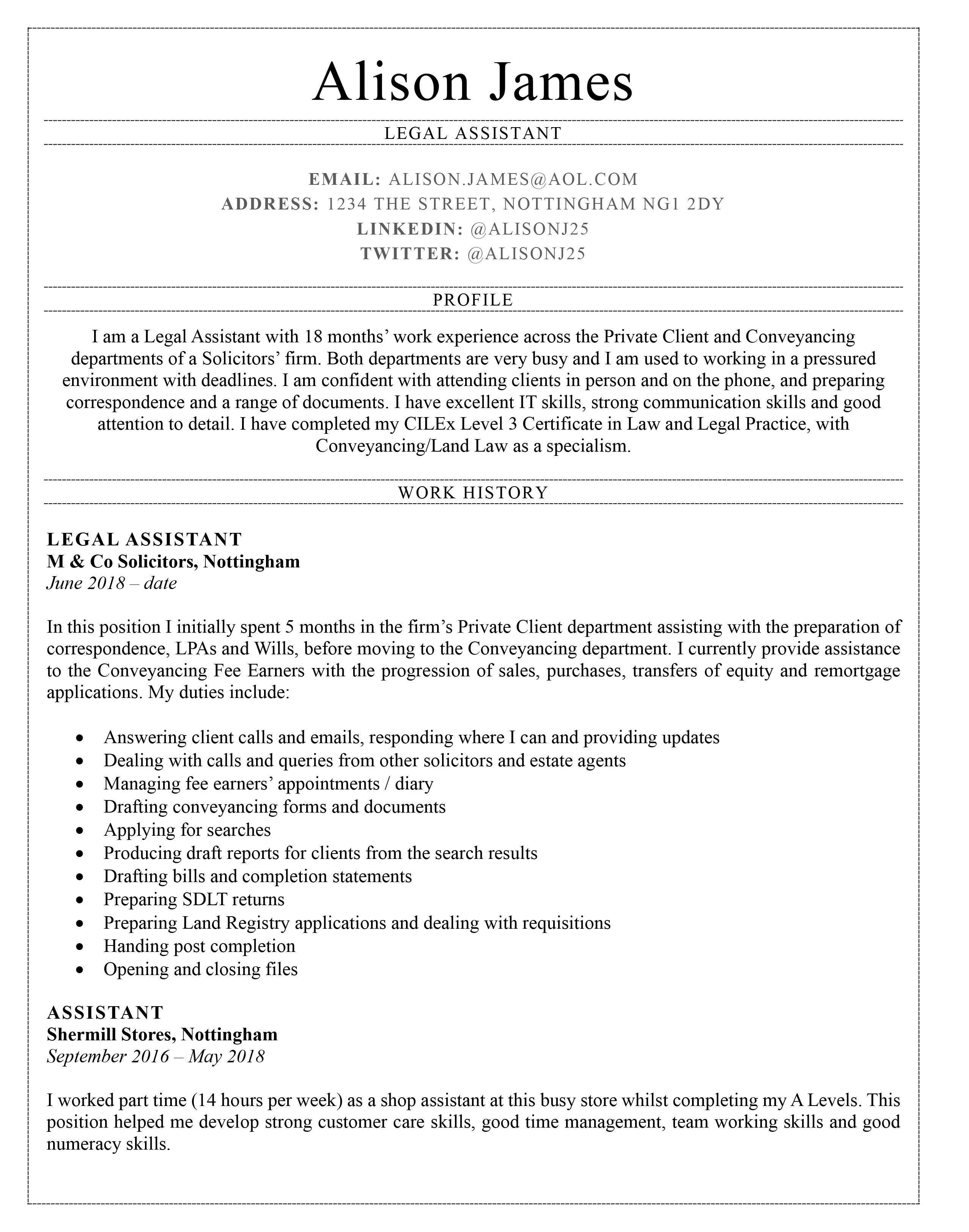 Legal Assistant CV template - page one