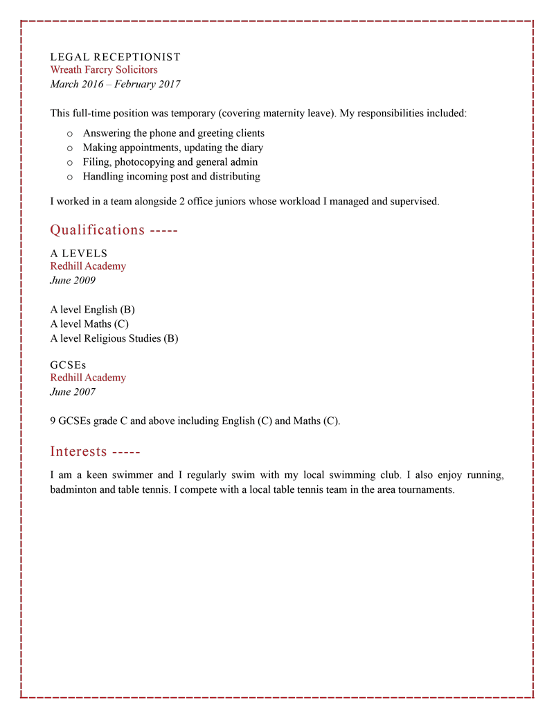 Legal receptionist CV example page 2