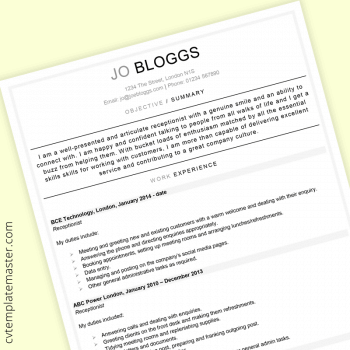 Receptionist CV template - page 1