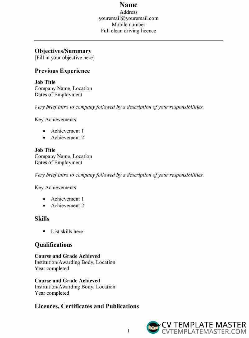 Basic résumé template  CV Template Master Intended For Free Basic Resume Templates Microsoft Word