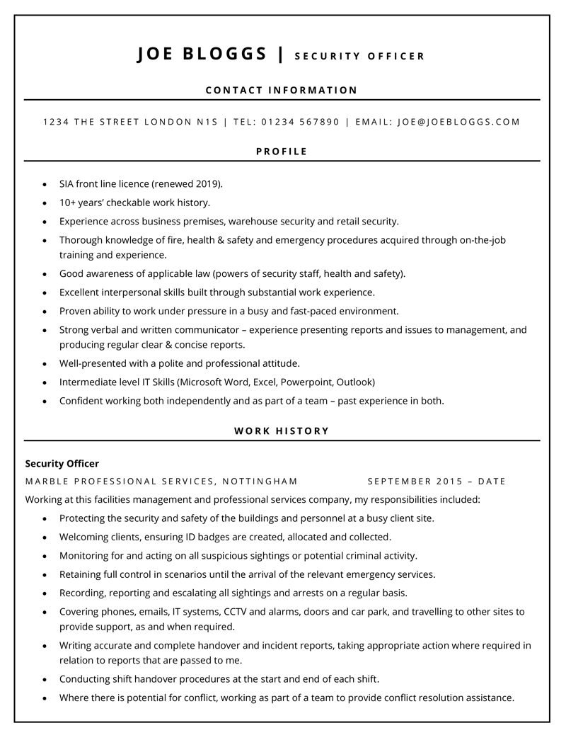 Security guard CV - page one