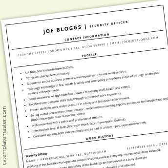 Security guard CV template (with example information)