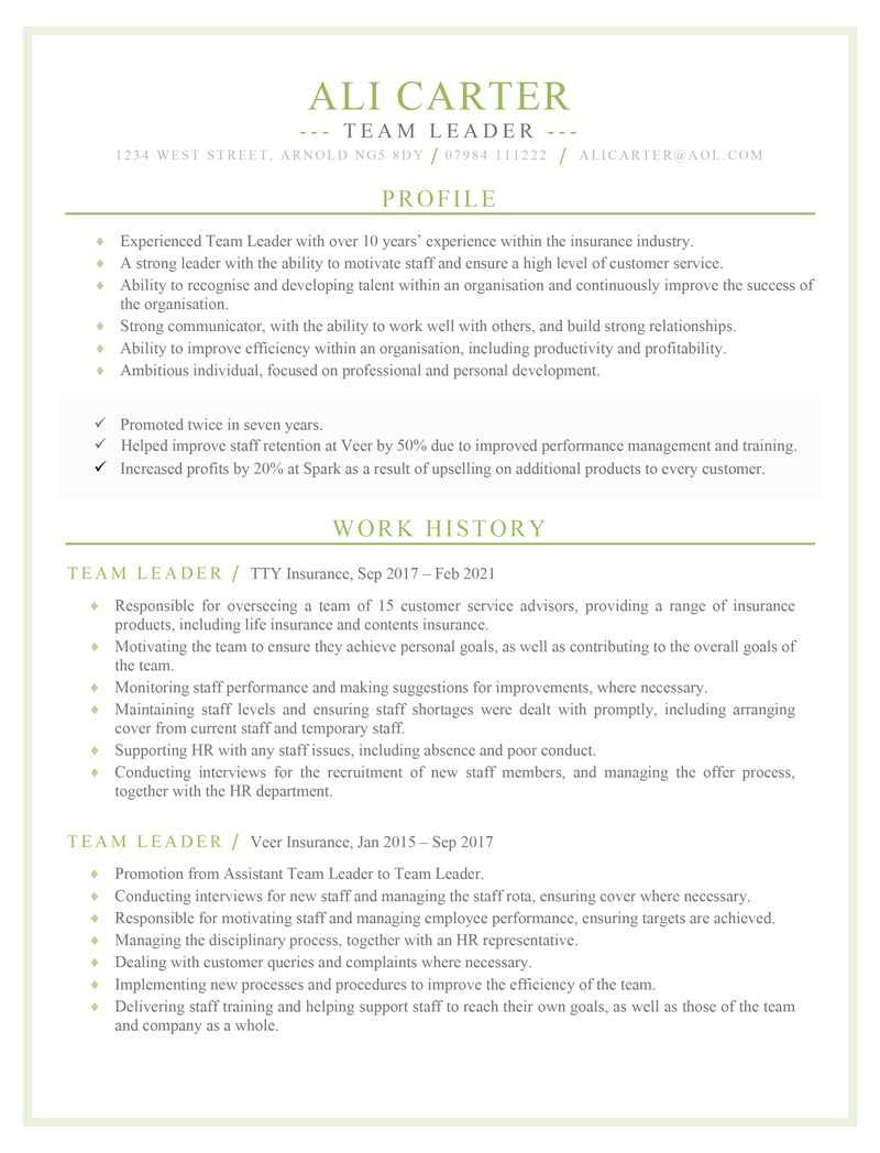 Team leader CV template - page one