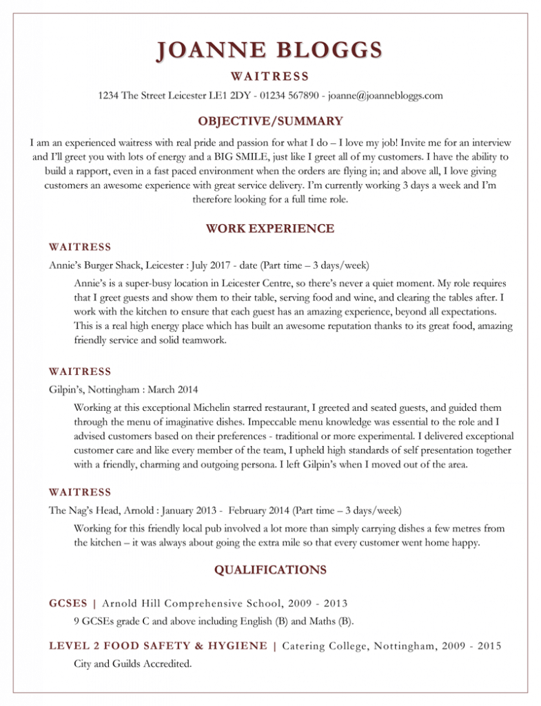 personal statement for waitress cv