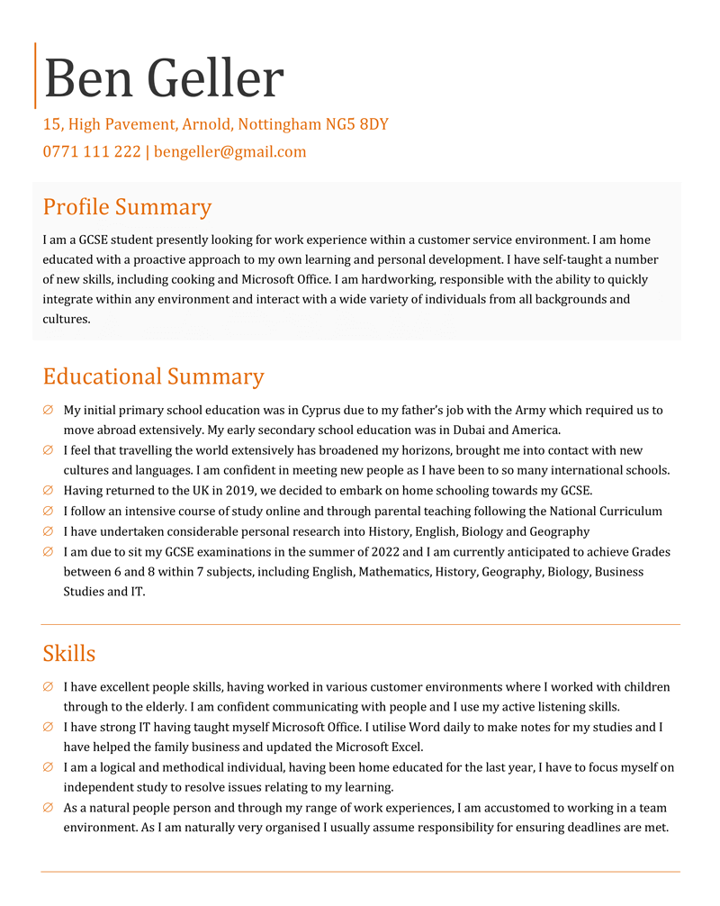 Work experience CV template - page one