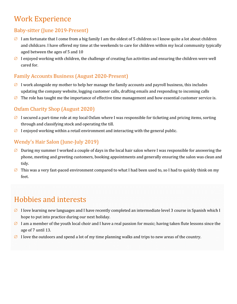 Work experience CV template - page two