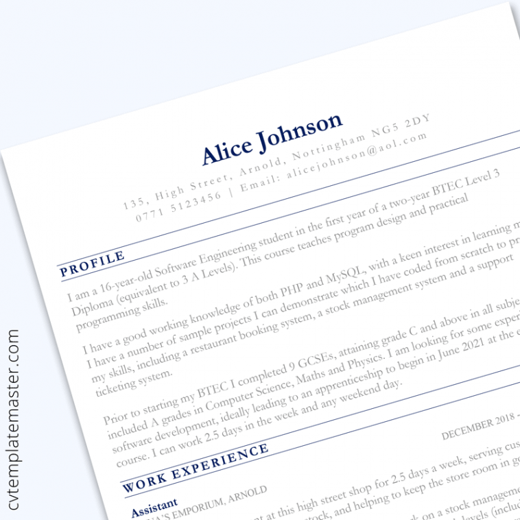 CV for 16 year old - section design