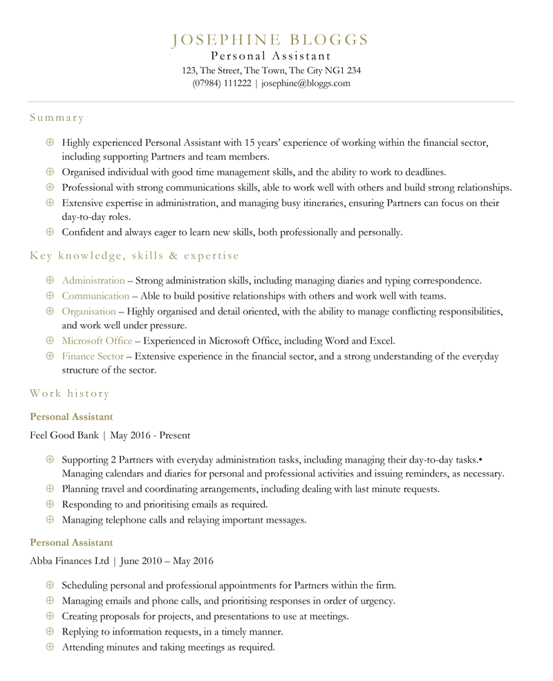 Personal Assistant CV template - page one