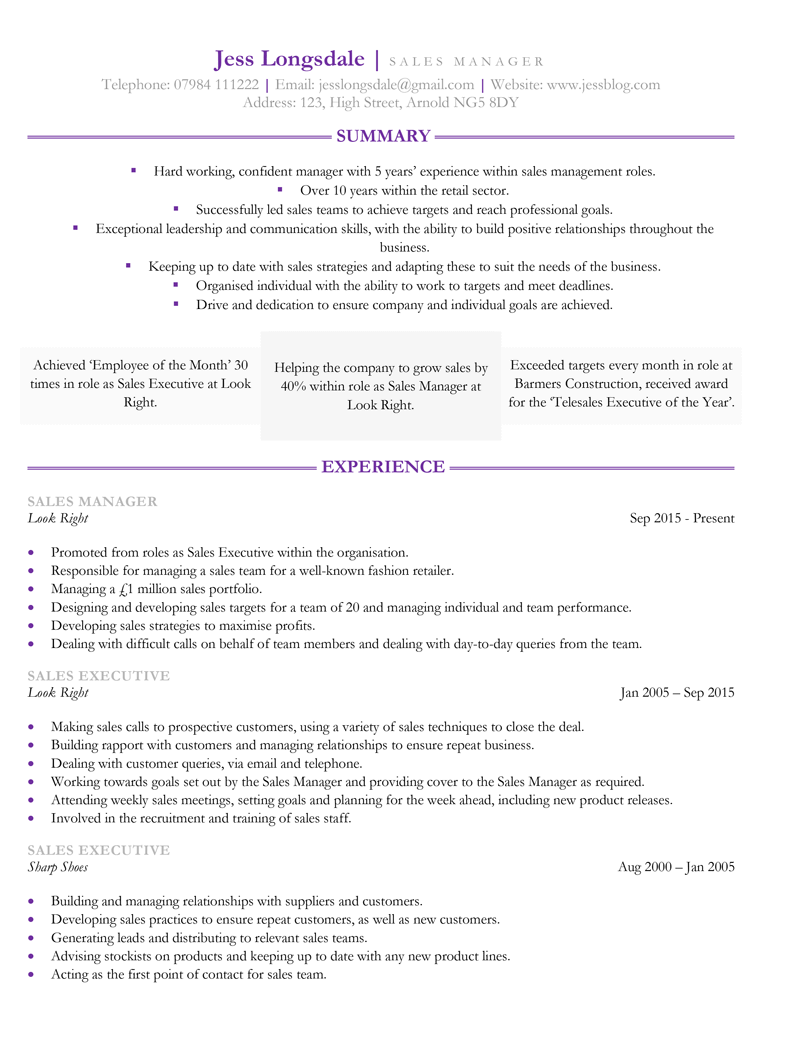 Sales manager CV or resume template - page one