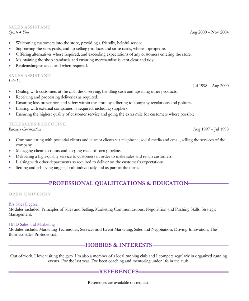 Sales manager CV or resume template - page two
