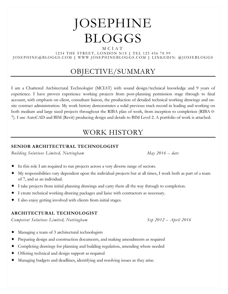 Architecture CV template - page one