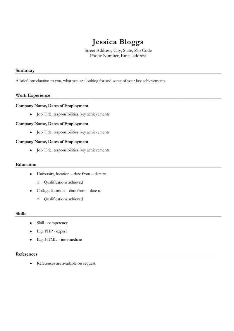 Basic CV template UK layout - preview