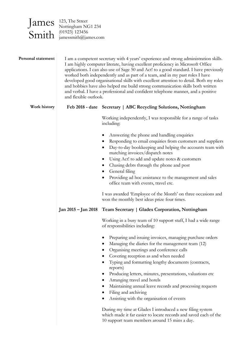 Secretary CV sample - page one