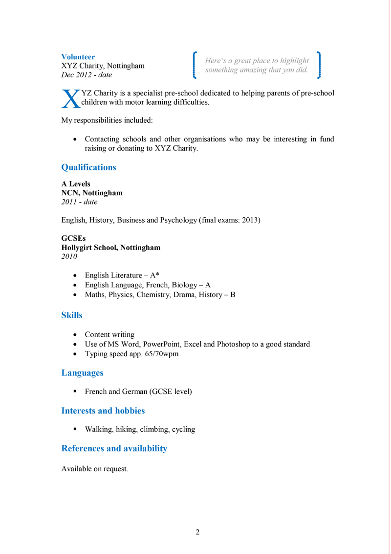 Student CV template - page 2