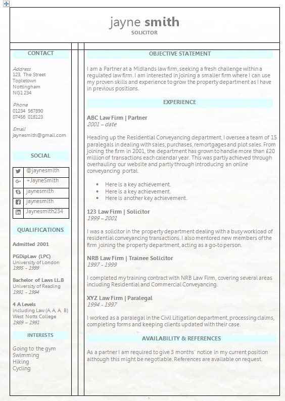 Legal CV template layout