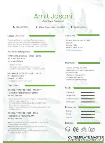 CV template with a foliage background, bold green headers and working skills sliders