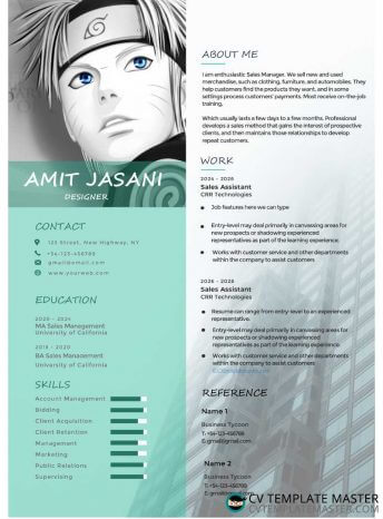 Manga CV template with a skyscraper photo background and green colour-theme