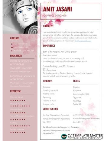 Feminine CV template with a floral background, pink highlights and a Manga profile placeholder