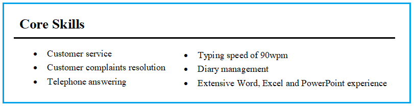 Example core skills on CV