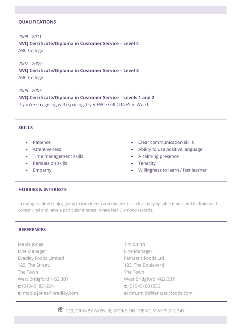 Customer service CV template - page two