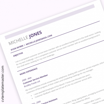 Customer service CV example: subtle CV template with lilac/purple highlights and neat dividers