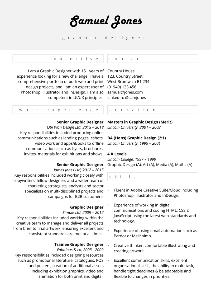 Graphic design CV template - page one