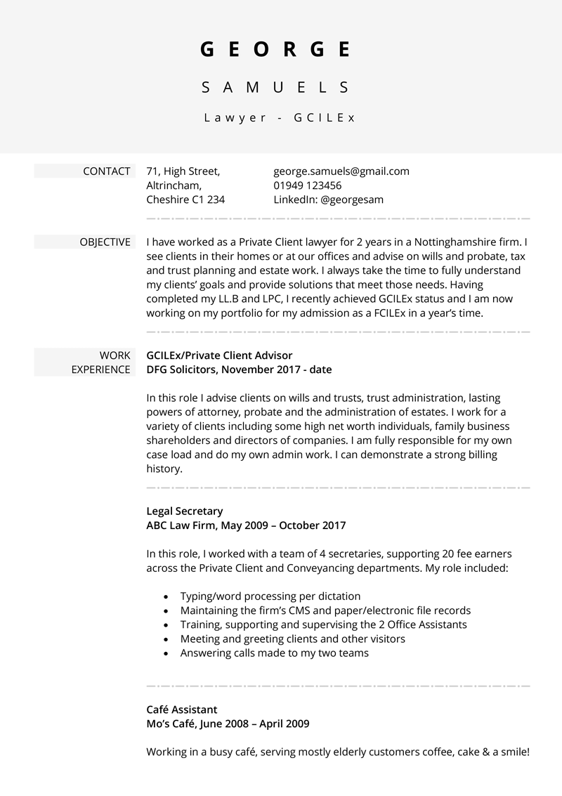 Law CV example - template page one
