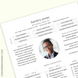 Business Analyst CV example (Free download) : ‘Meet me’ design in Word