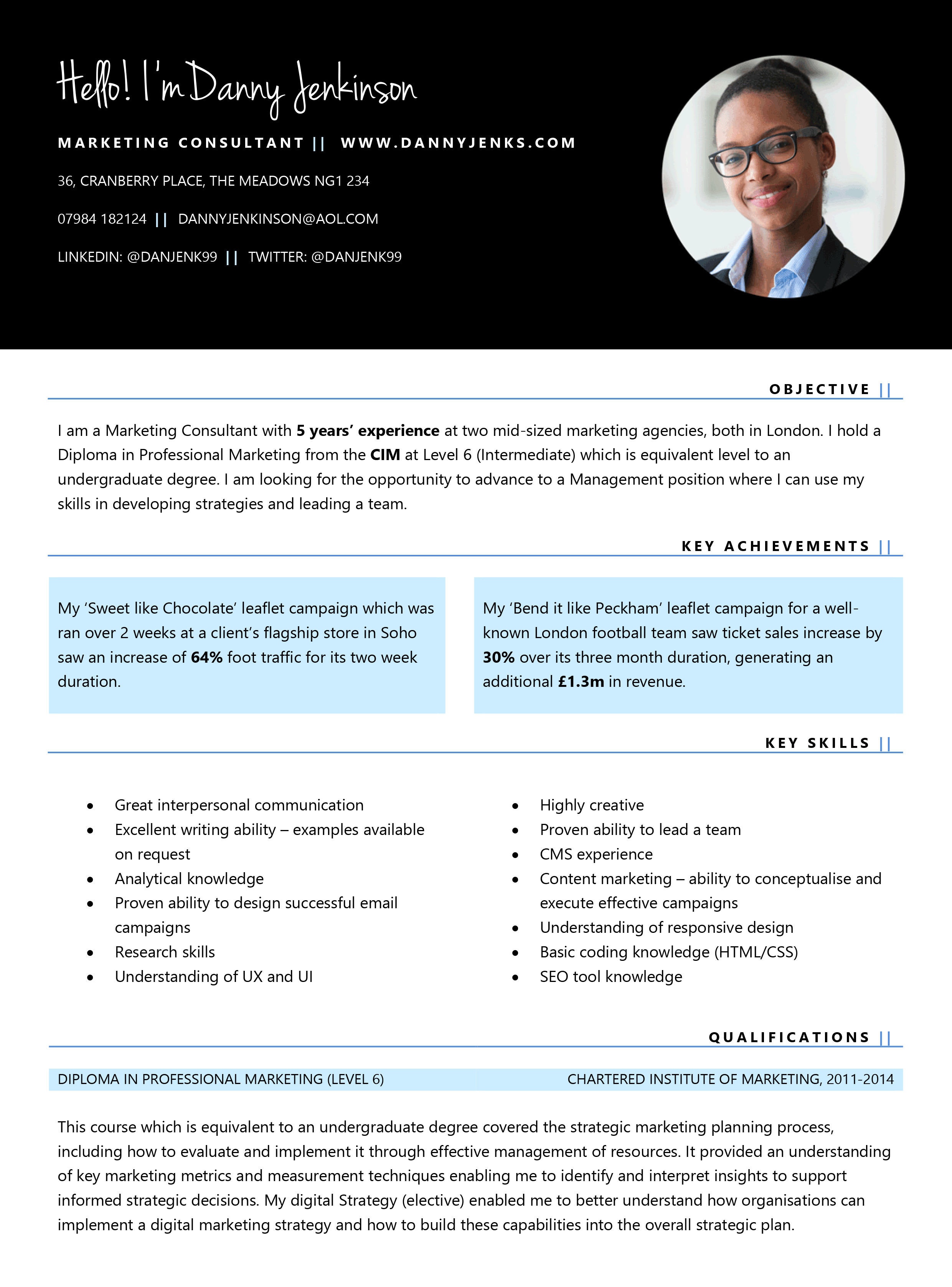 Connect Marketing CV template - page 1