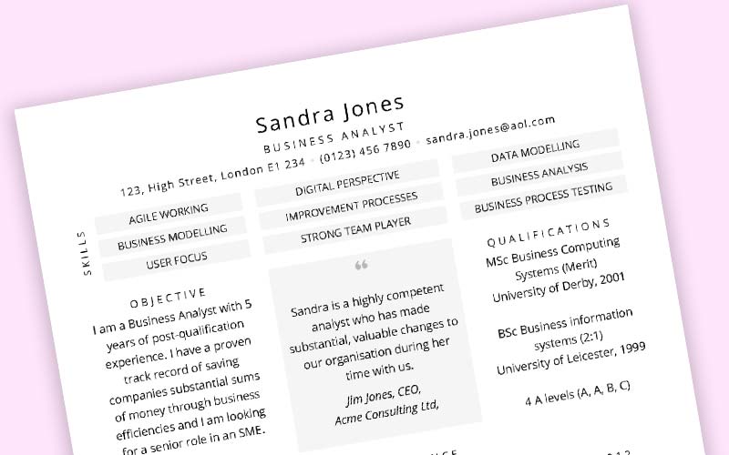 Business Analyst Cv with a quote box