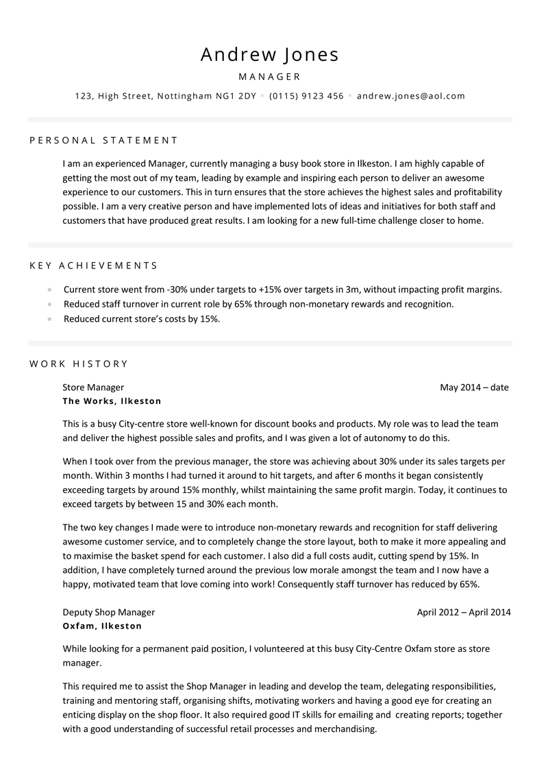 Manager CV - page one