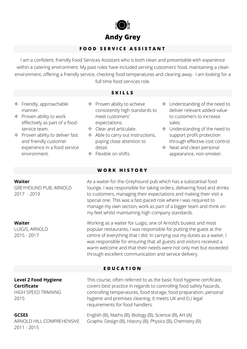 CV for fast food - template page one