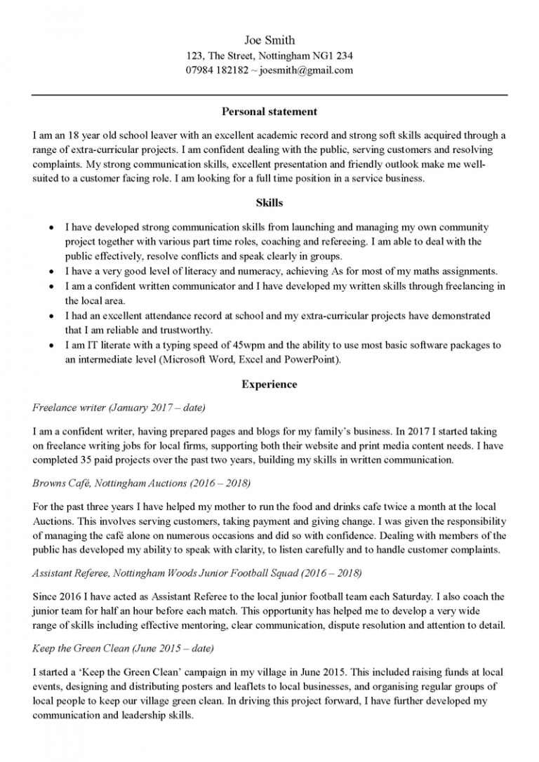personal statement examples for a school leaver