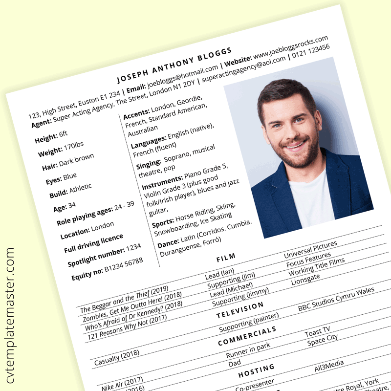 Acting CV template with example content (free, Microsoft Word)