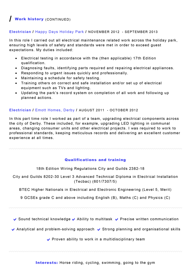 Electrician CV template- preview of page two