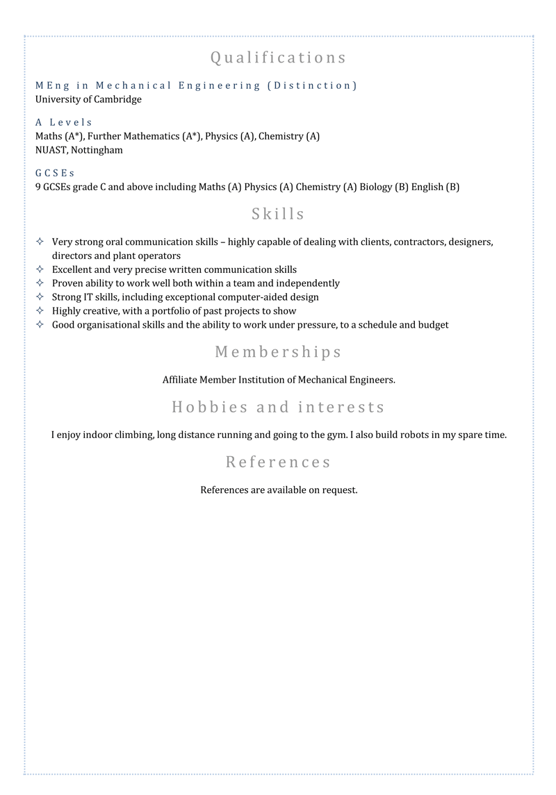 Mechanical engineering CV example - page two