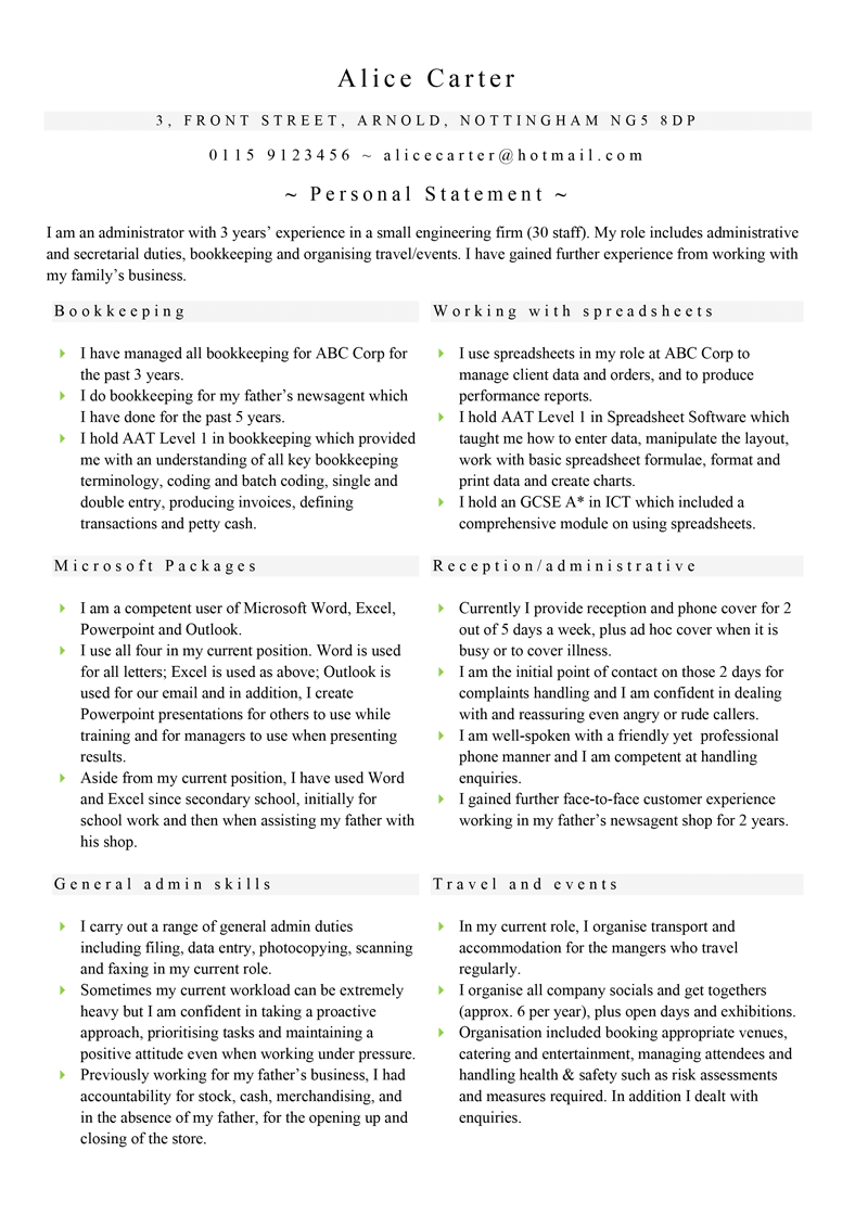 Functional skills based CV format - page one