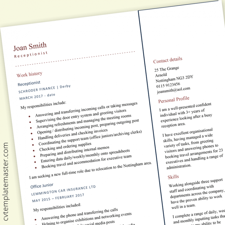 Receptionist CV example - preview