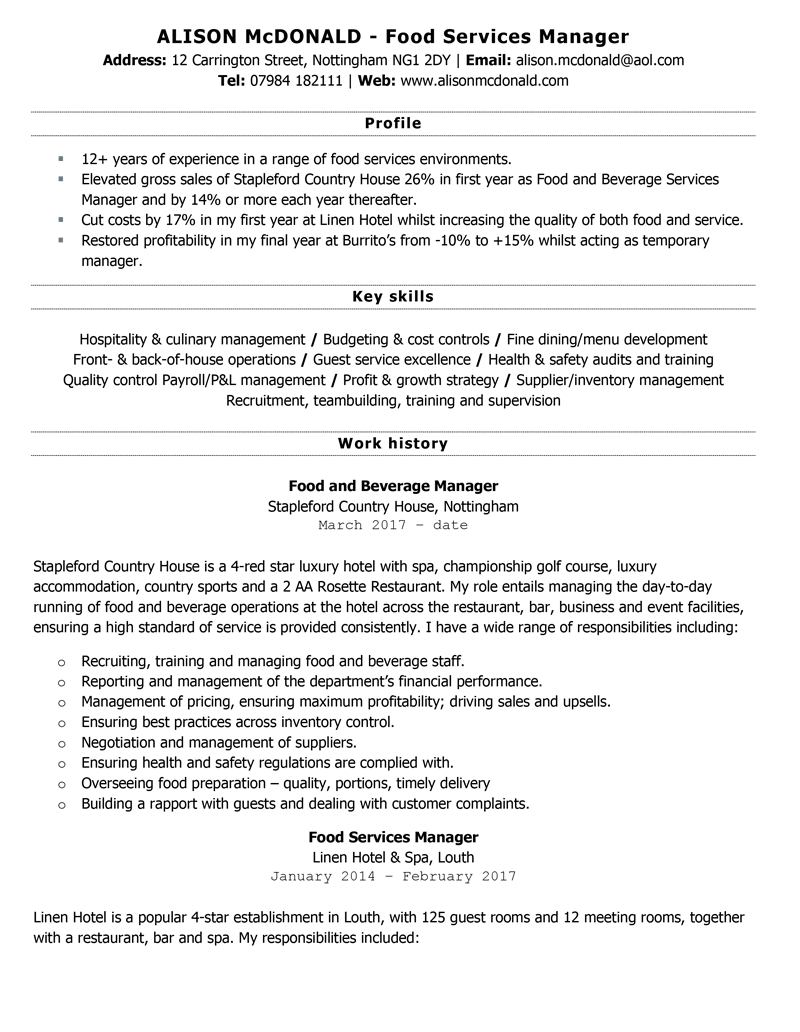 Food services manager CV - page 1