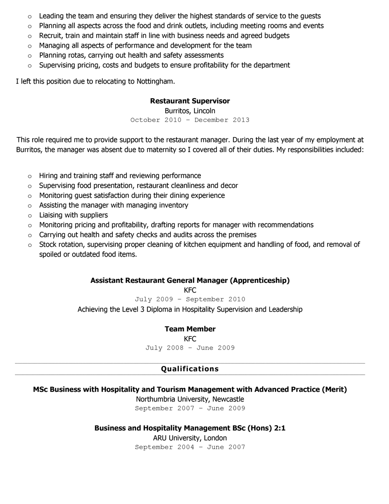 Food services manager CV - page 2