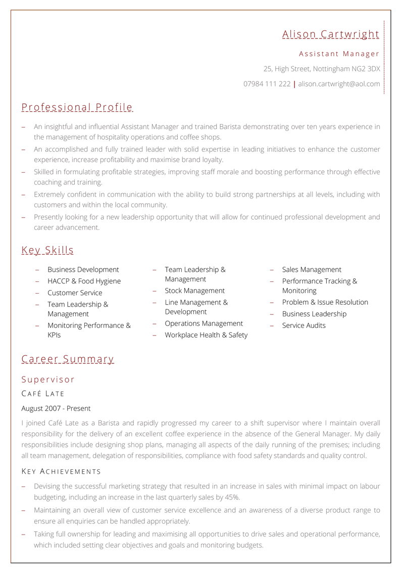 Assistant Manager CV template - page one