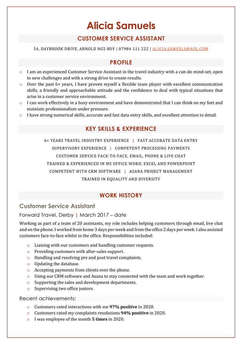 Customer service assistant CV template - page one