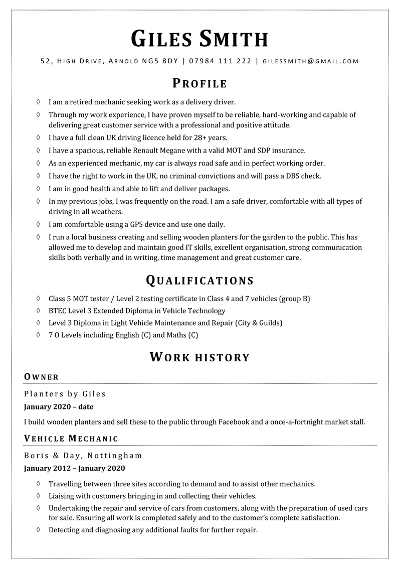 Delivery driver CV example - page one