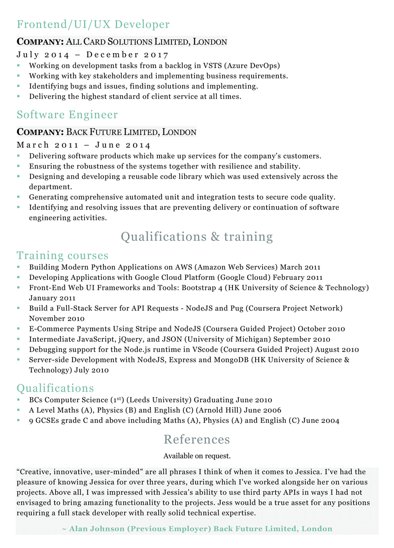 Software engineer CV example - page two