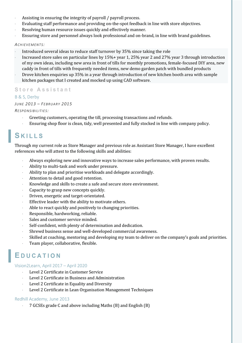 Store manager CV template - page two