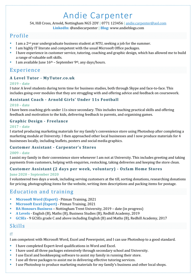 Cv for a summer job - page one