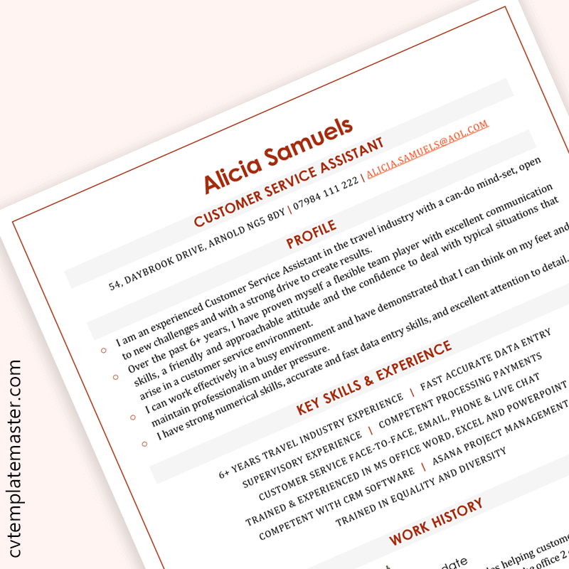 Customer service assistant CV template - preview
